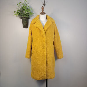 Lucky Brand Teddy Fluffy Long Notched Collar Yellow Fuzzy Cozy Coat M Jacket